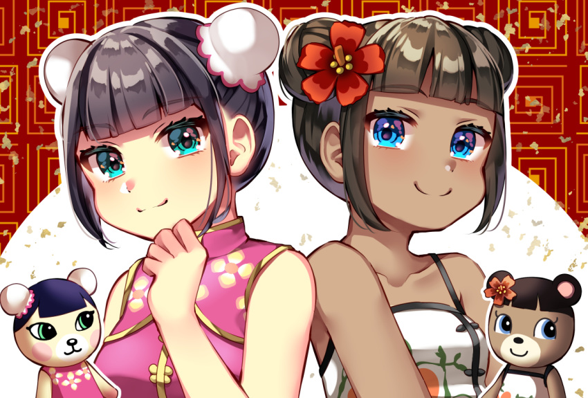 2girls, bangs, bare_shoulders, bear, black_hair, blue_eyes, blunt_bangs, breasts
