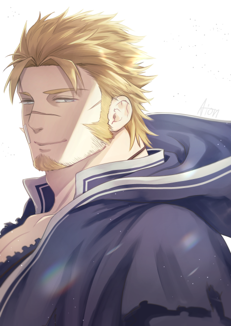 1boy, aion_kiu, bangs, bara, beard, blonde_hair, chest, facial_hair