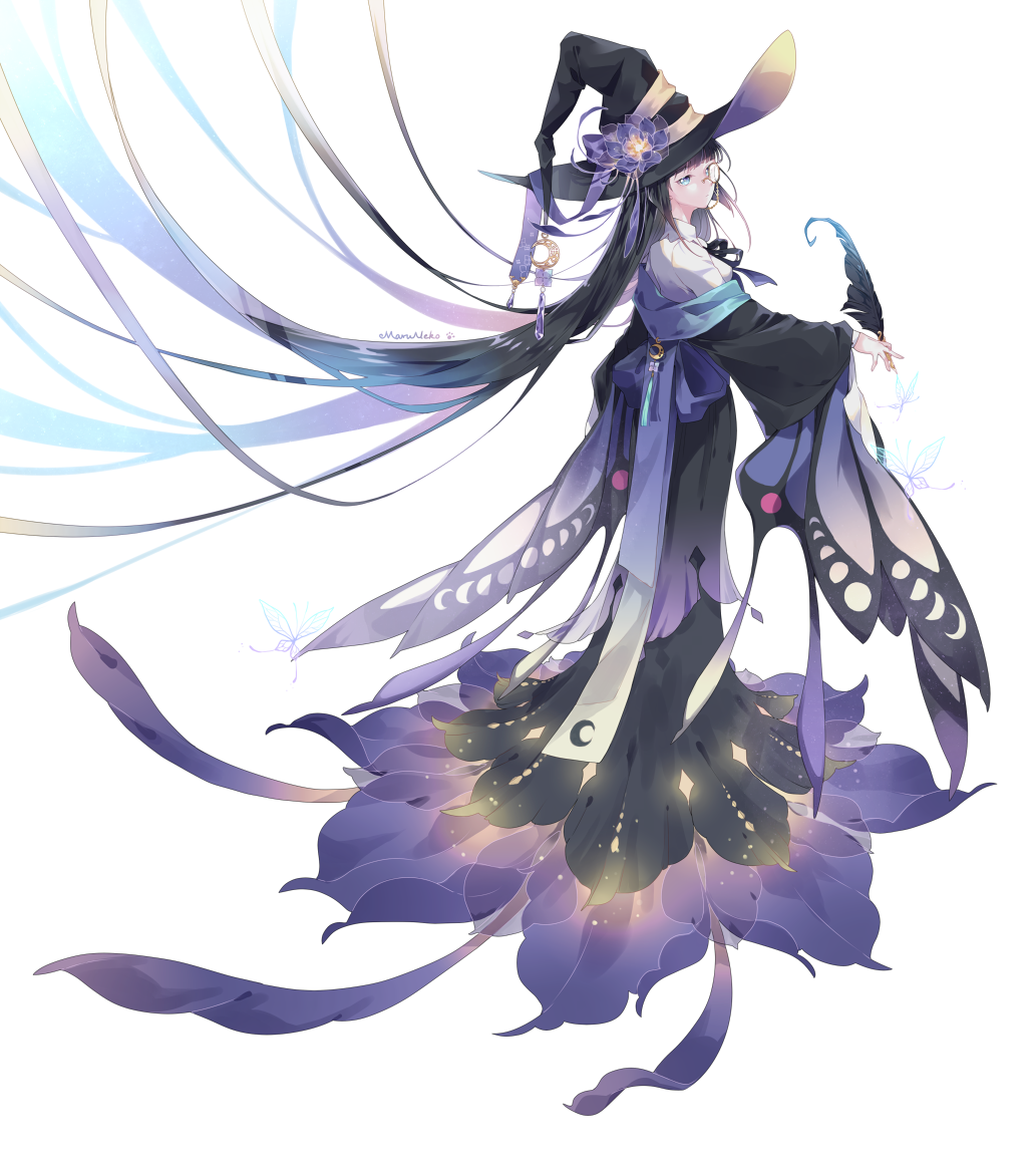 1girl, back_bow, bangs, black_coat, black_hair, black_headwear, blue_eyes, blue_hair