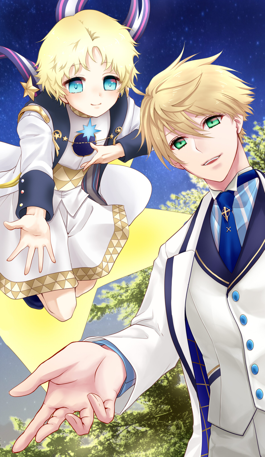 2boys, arthur_pendragon_(fate), bangs, blonde_hair, blue_eyes, blue_neckwear, blush, bright_pupils