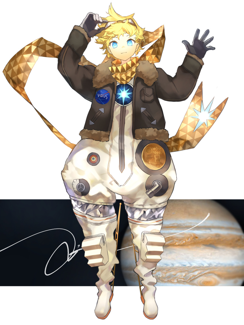 1boy, absurdres, adjusting_headwear, alternate_costume, baggy_clothes, bangs, blonde_hair, blue_eyes