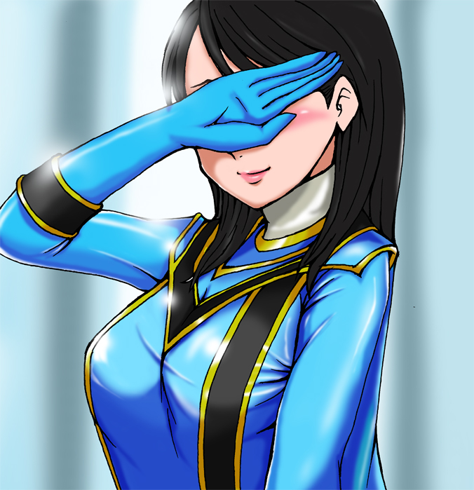 1girl, black_hair, blue_gloves, blurry, blurry_background, blush, bodysuit, breasts