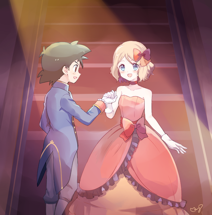 1boy, 1girl, ballroom, bare_shoulders, black_hair, blonde_hair, blue_eyes, blue_suit