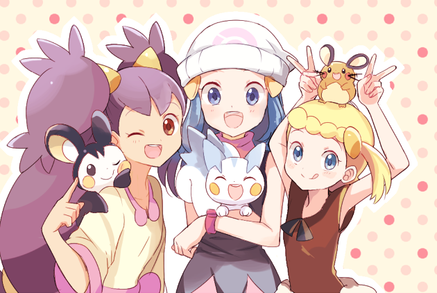 3girls, :p, animal_on_arm, animal_on_head, animal_on_shoulder, beanie, black_hair, blonde_hair