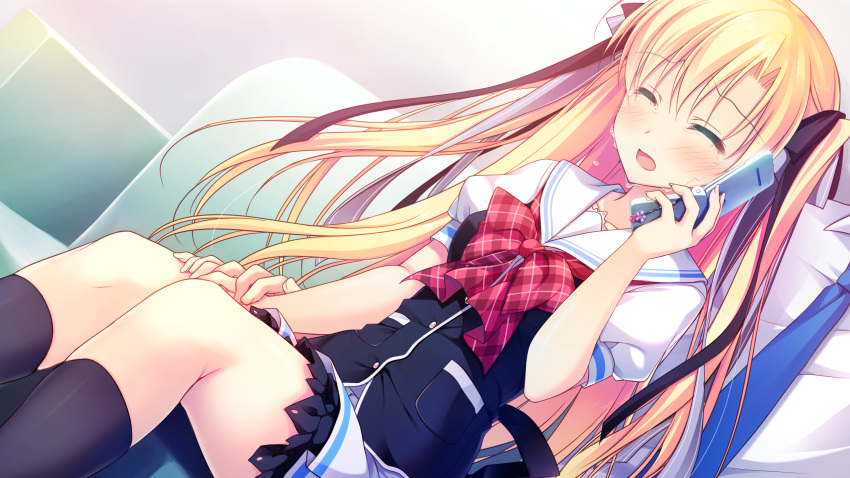 1girl, black_legwear, blonde_hair, chibana_ryoka, closed_eyes, crying, game_cg, highres