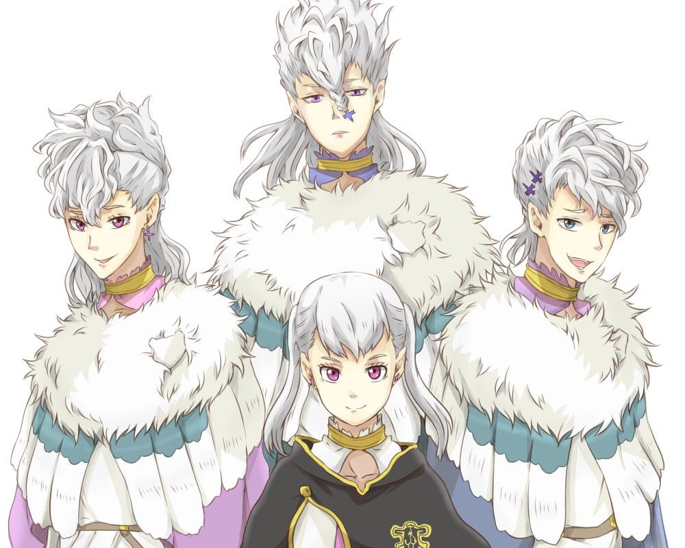 2boys, 2girls, badge, black_capelet, black_clover, blue_eyes, braid, brother_and_sister