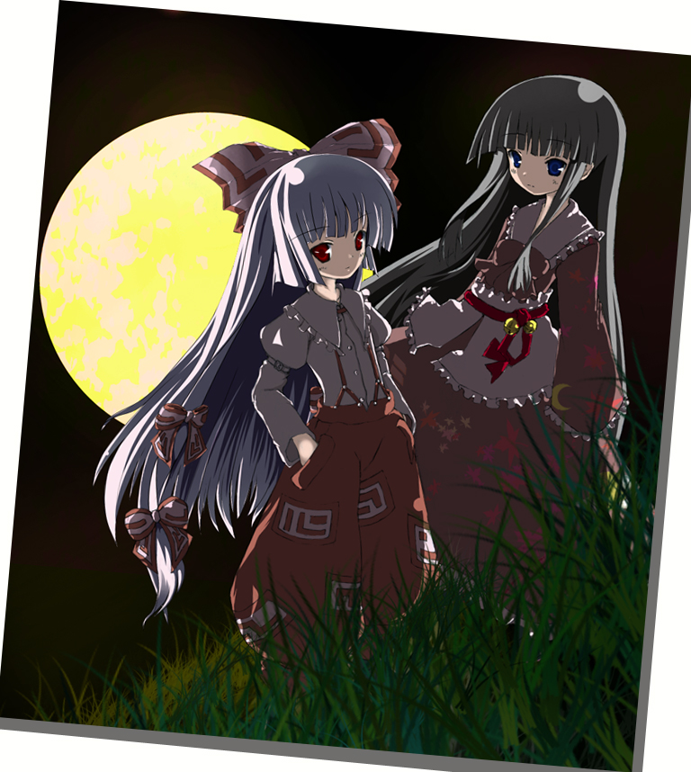 black_hair, ekusutoy, fujiwara_no_mokou, houraisan_kaguya, long_hair, moon, multiple_girls, ribbon