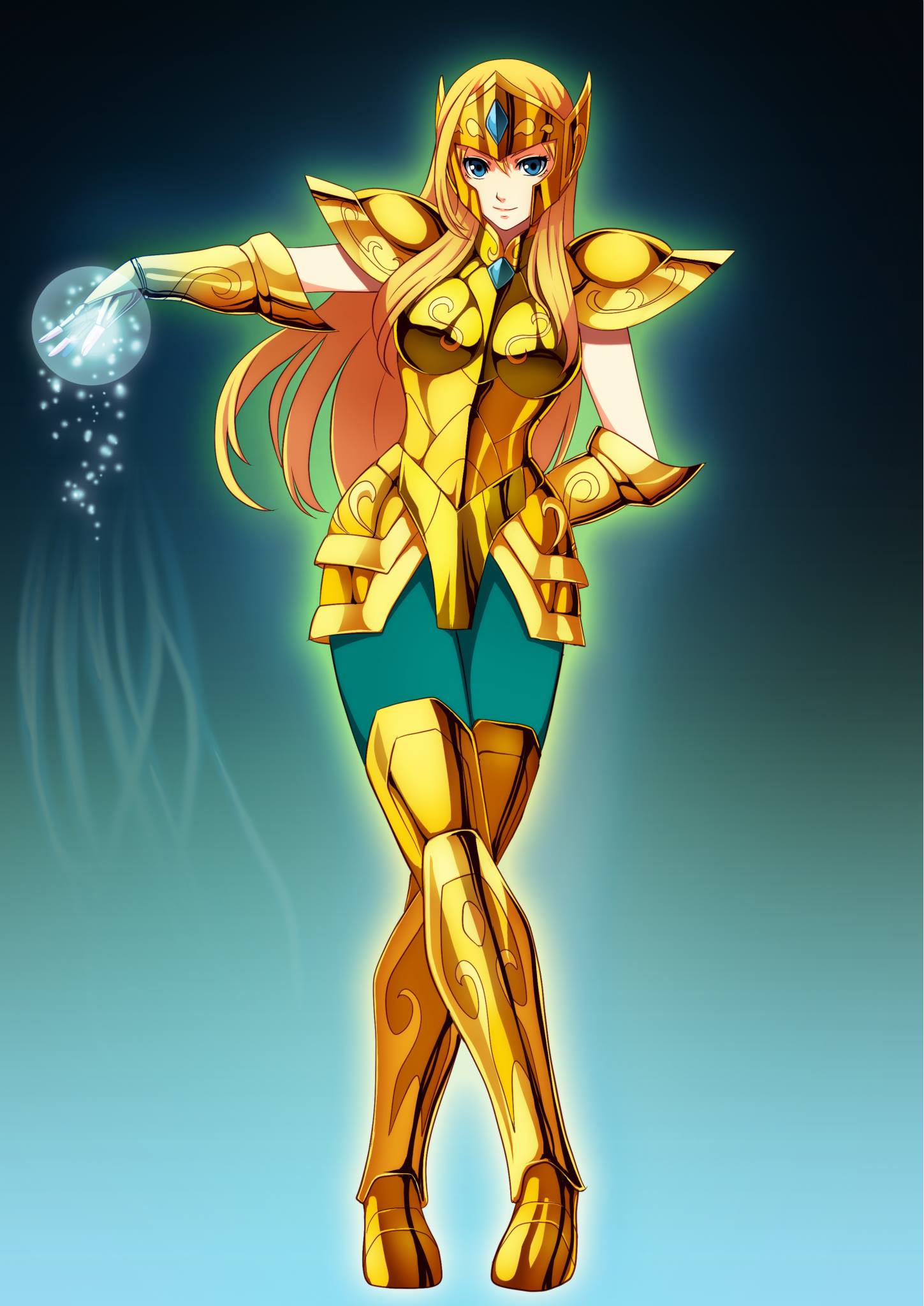 1girl, armor, armored_boots, blonde_hair, blue_eyes, boots, gauntlets, gold_armor