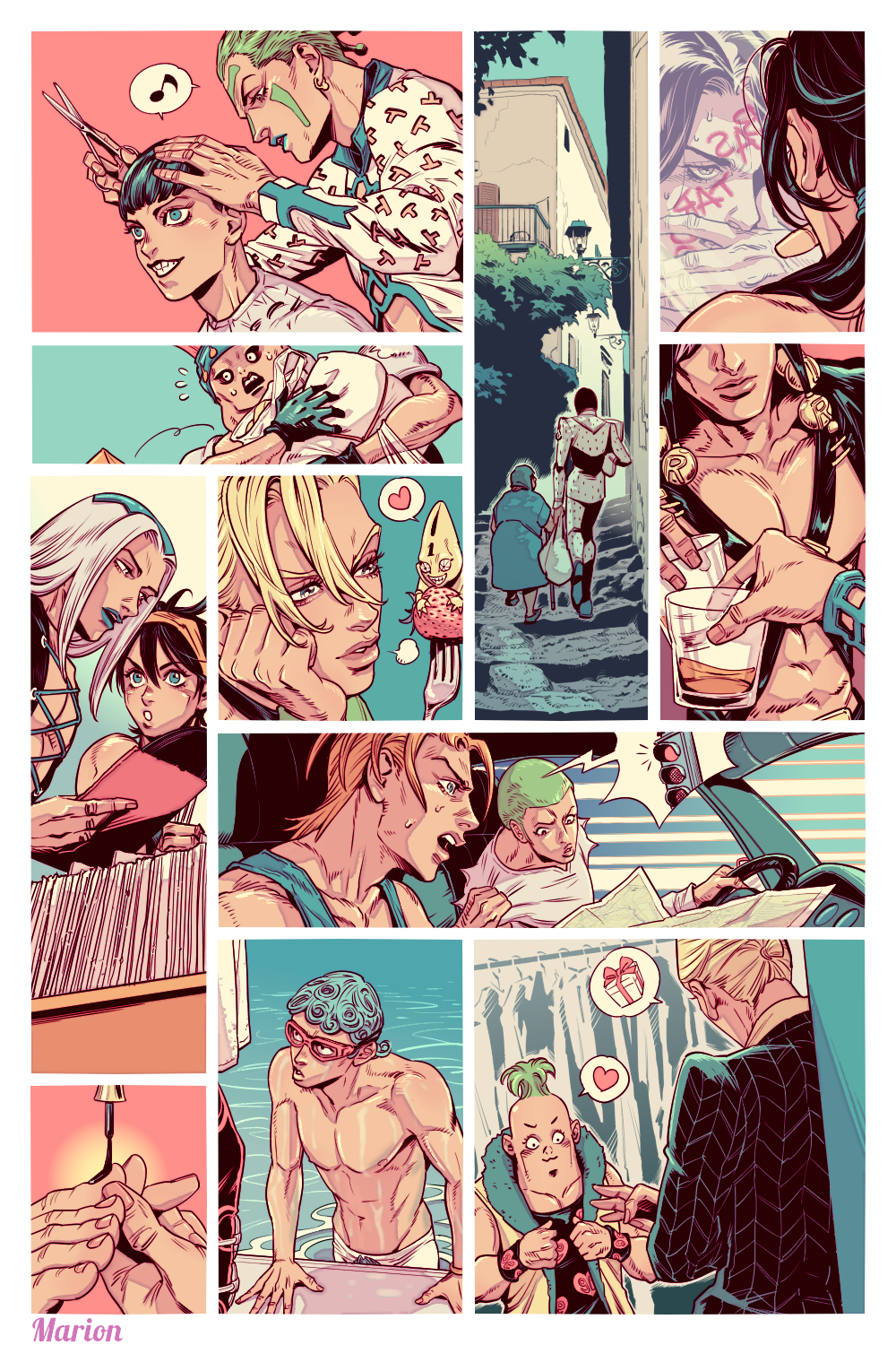 1girl, 6+boys, aqua_eyes, artist_name, black_hair, black_lipstick, blonde_hair, blue_hair