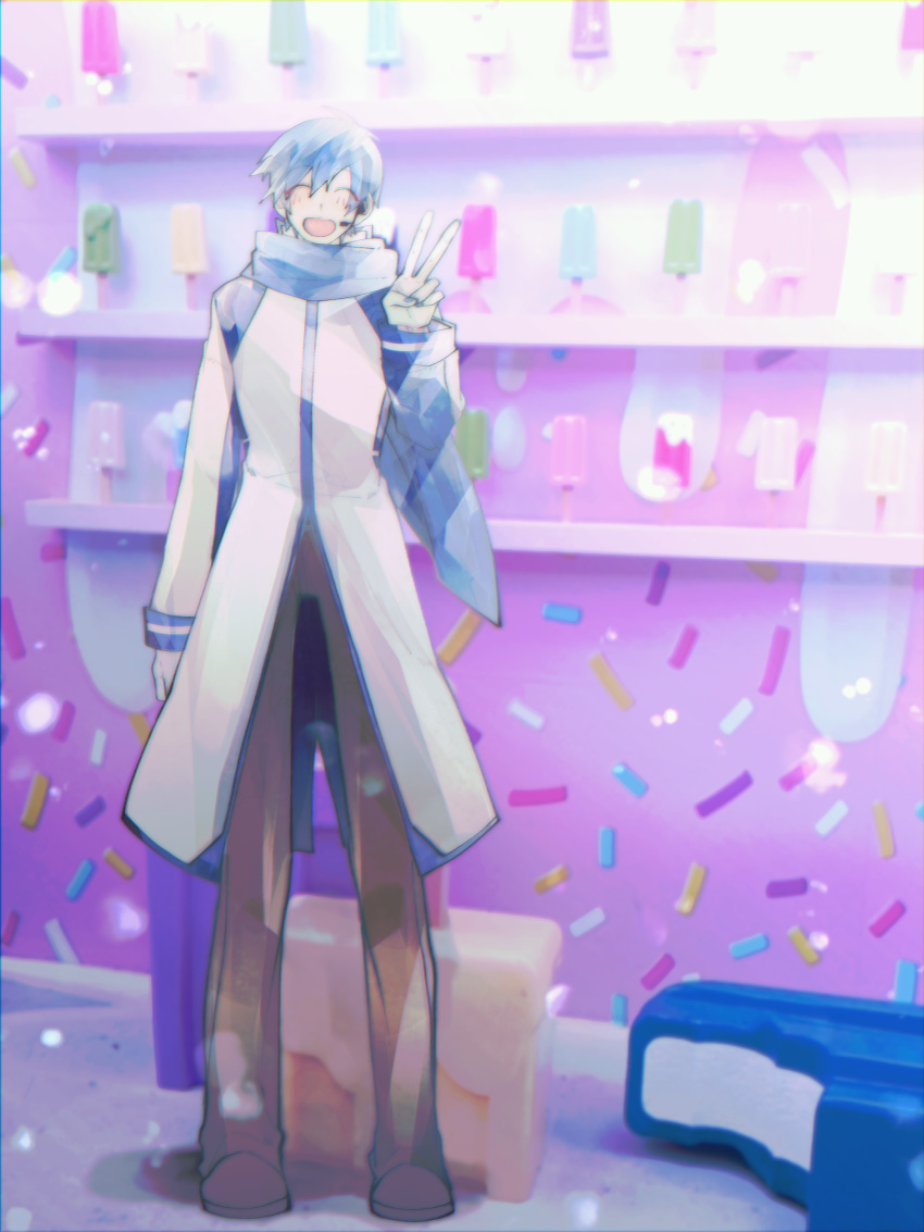 1boy, absurdres, binggwaryu, blue_hair, blue_scarf, blurry, bokeh, brown_pants