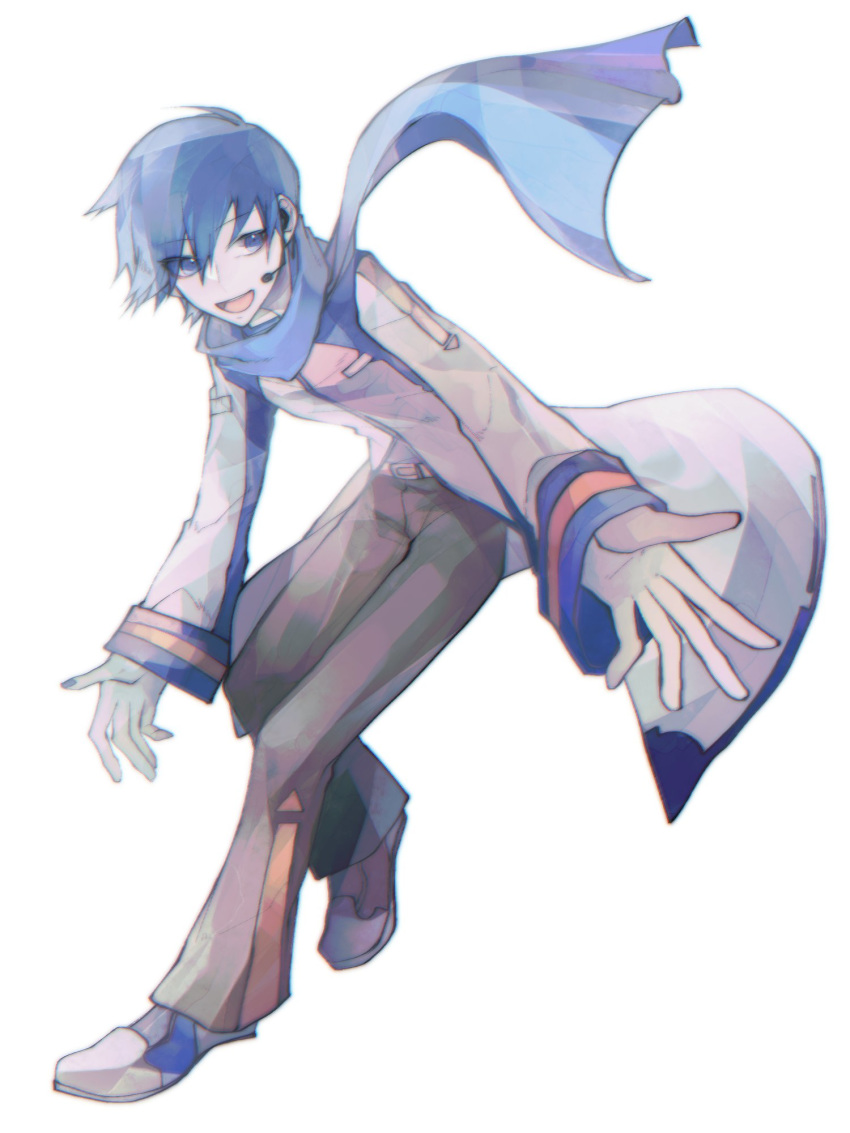 1boy, belt, binggwaryu, blue_eyes, blue_hair, blue_nails, blue_scarf, brown_pants