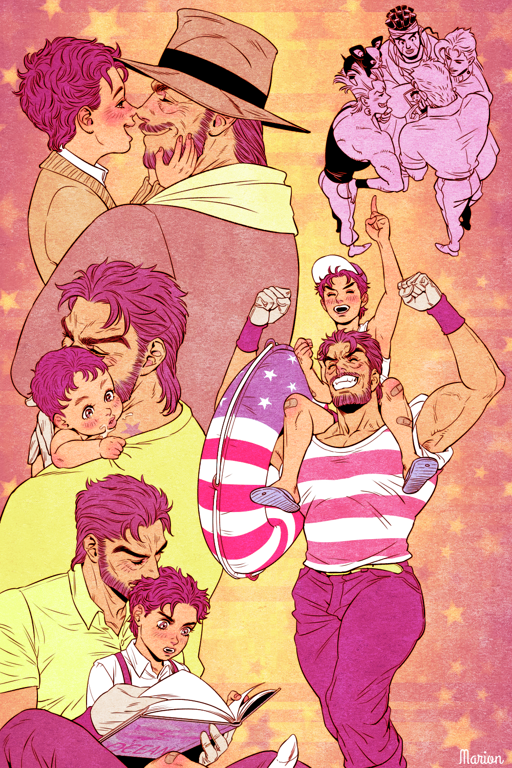 american_flag, american_flag_print, animal, animal_on_head, artist_name, baby, bandaid, bandaid_on_knee, battle_tendency, beard, birthmark, book, carrying, child, closed_eyes, dog, dog_on_head, earrings, facial_hair, facial_mark, flag_print, gakuran, gloves, grandfather_and_grandson, grin, hand_on_own_chin, hat, highres, iggy_(jojo), innertube, jean_pierre_polnareff, jewelry, joestar_birthmark, jojo_no_kimyou_na_bouken, joseph_joestar, kakyouin_noriaki, kuujou_joutarou, marion-ville, mohammed_avdol, muscle, noses_touching, on_head, photo_(object), pink_eyes, pink_hair, pouch, reading, school_uniform, shirt, shoulder_carry, smile, striped, striped_shirt, suspenders, tank_top, white_gloves, younger
