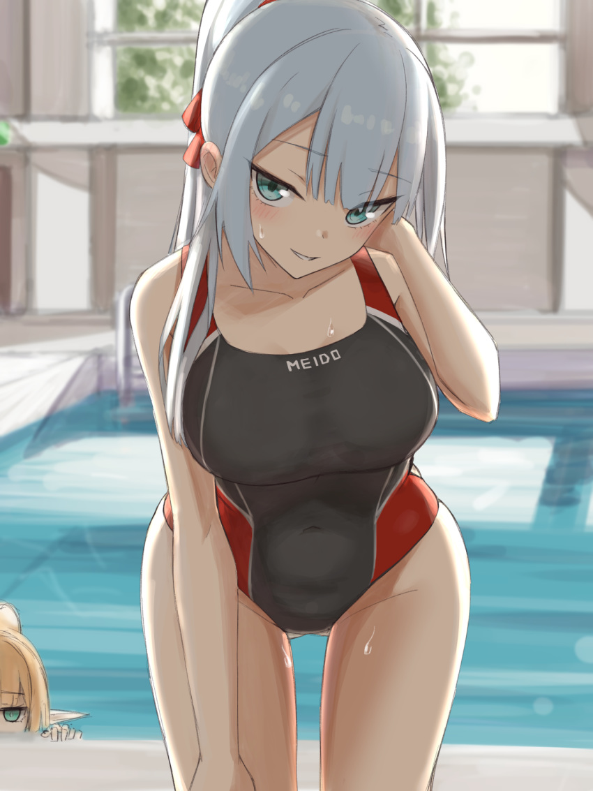 2girls, bangs, bare_shoulders, black_swimsuit, blonde_hair, blue_eyes, blush, breasts