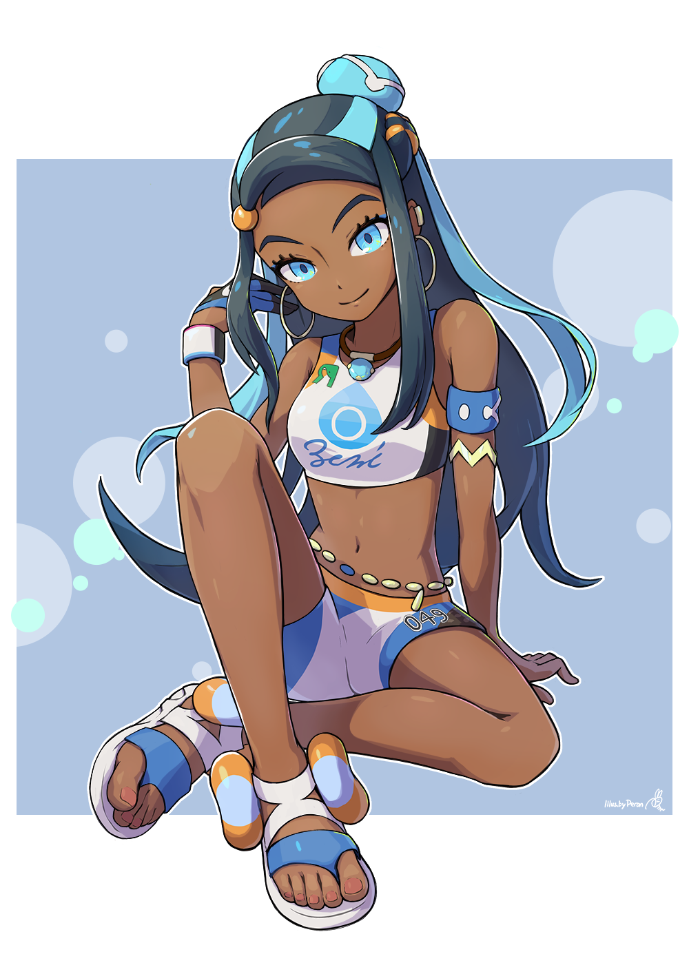 1girl, arm_support, armlet, bare_shoulders, belly_chain, black_hair, blue_background, blue_eyes
