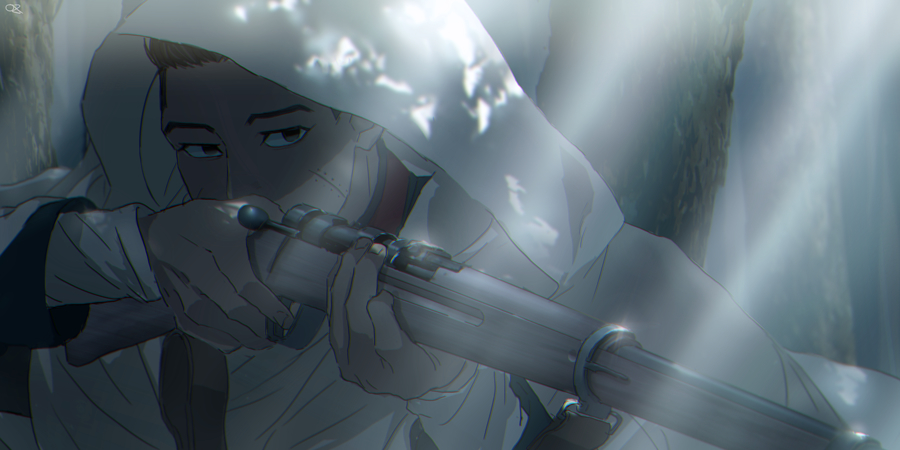 0109_(artist), 1boy, aiming, black_eyes, black_hair, cape, commentary_request, facial_scar