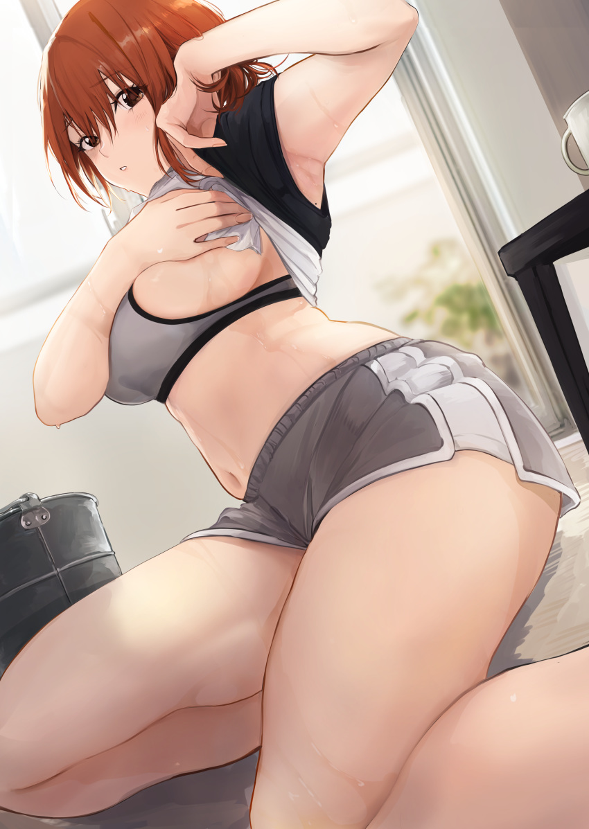 1girl, absurdres, akito_(d30n26), bangs, bare_legs, black_shirt, breasts, brown_eyes, brown_hair, commentary_request, cup, eyebrows_visible_through_hair, grey_shorts, hands_up, highres, indoors, large_breasts, lifted_by_self, mole, mole_on_armpits, mug, navel, on_floor, original, parted_lips, shirt, shirt_lift, short_hair, short_shorts, short_sleeves, shorts, sideboob, sitting, solo, sports_bra, table, thighs, window, wiping_sweat