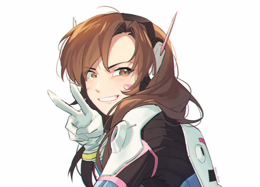 1girl, arm_up, bangs, blush, bodysuit, brown_eyes, brown_hair, commentary_request