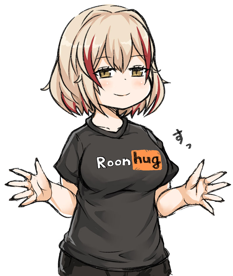 1girl, black_shirt, blonde_hair, blush, breasts, commentary, english_text, incoming_hug
