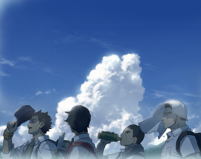 0109_(artist), 4boys, alternate_costume, arm_up, backpack, bag, beard, black_backpack