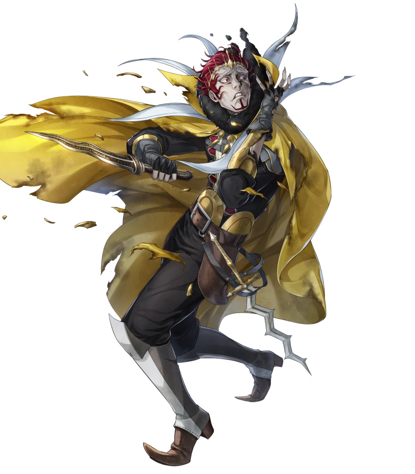 1boy, argon_(exys), back, beard, belt, boots, cape, dagger, facial_hair, fingerless_gloves, fire_emblem, fire_emblem_awakening, fire_emblem_heroes, full_body, fur_trim, gangrel_(fire_emblem), gloves, highres, injury, male_focus, official_art, red_eyes, redhead, solo, sword, teeth, tiara, torn_clothes, transparent_background, weapon