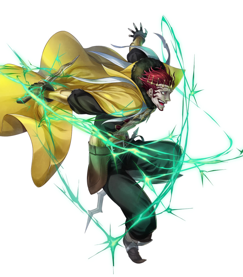 1boy, argon_(exys), beard, belt, boots, cape, dagger, electricity