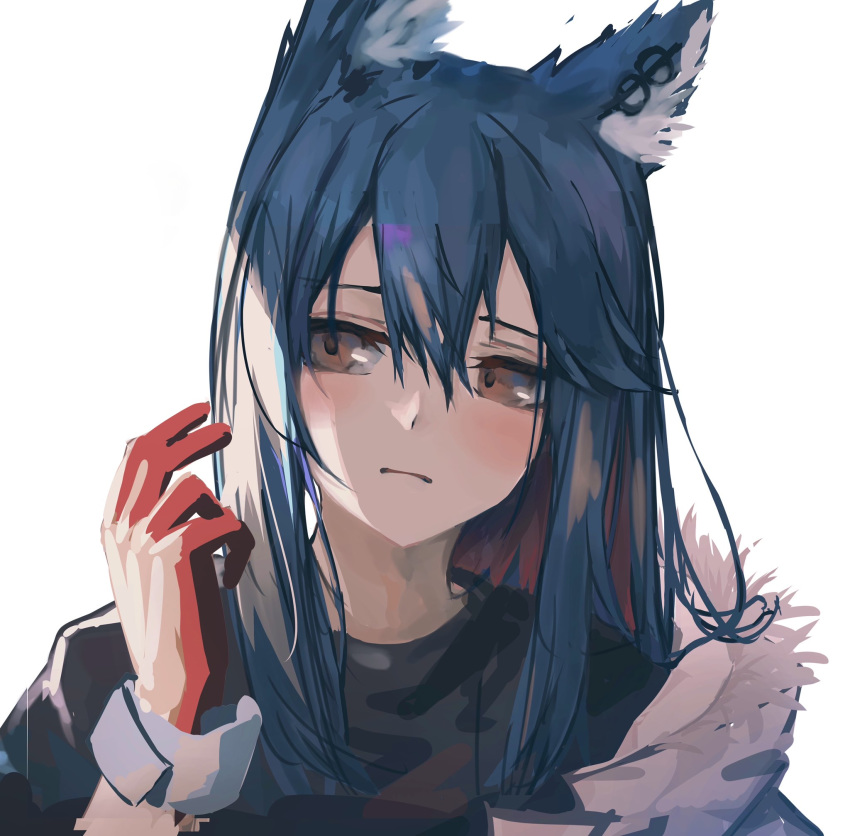 1girl, 8rk9, :|, animal_ear_fluff, animal_ears, arknights, bangs, black_hair