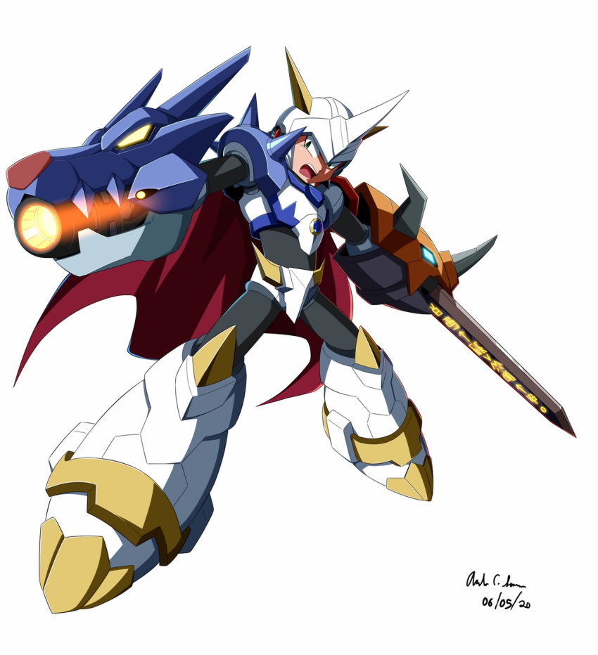 1boy, alternate_costume, android, arm_cannon, armor, cape, claws, commentary, commission, crossover, digimon, digimon_adventure, fusion, helmet, highres, horns, innovator123, male_focus, mega_man_(series), mega_man_x_(series), omegamon, open_mouth, robot, rockman, rockman_x, simple_background, spikes, sword, weapon, x_(mega_man), x_(rockman)