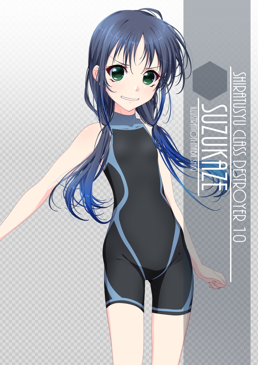 1girl, artist_name, black_bodysuit, black_hair, black_wetsuit, bodysuit, character_name, checkered