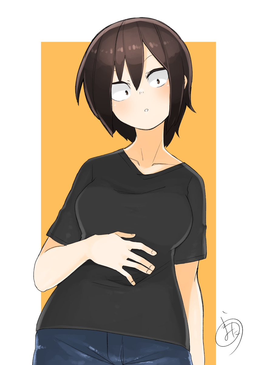 1girl, absurdres, black_shirt, hair_between_eyes, hand_on_own_stomach, highres, hitomi-chan_wa_hitomishiri, looking_at_viewer