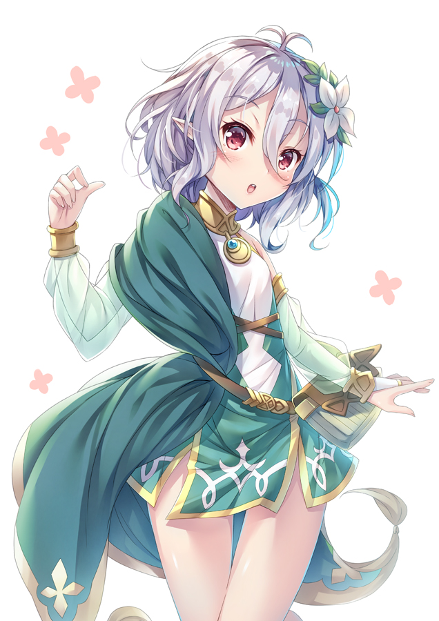 1girl, :o, antenna_hair, asymmetrical_clothes, bangs, belt, blush, bridal_gauntlets