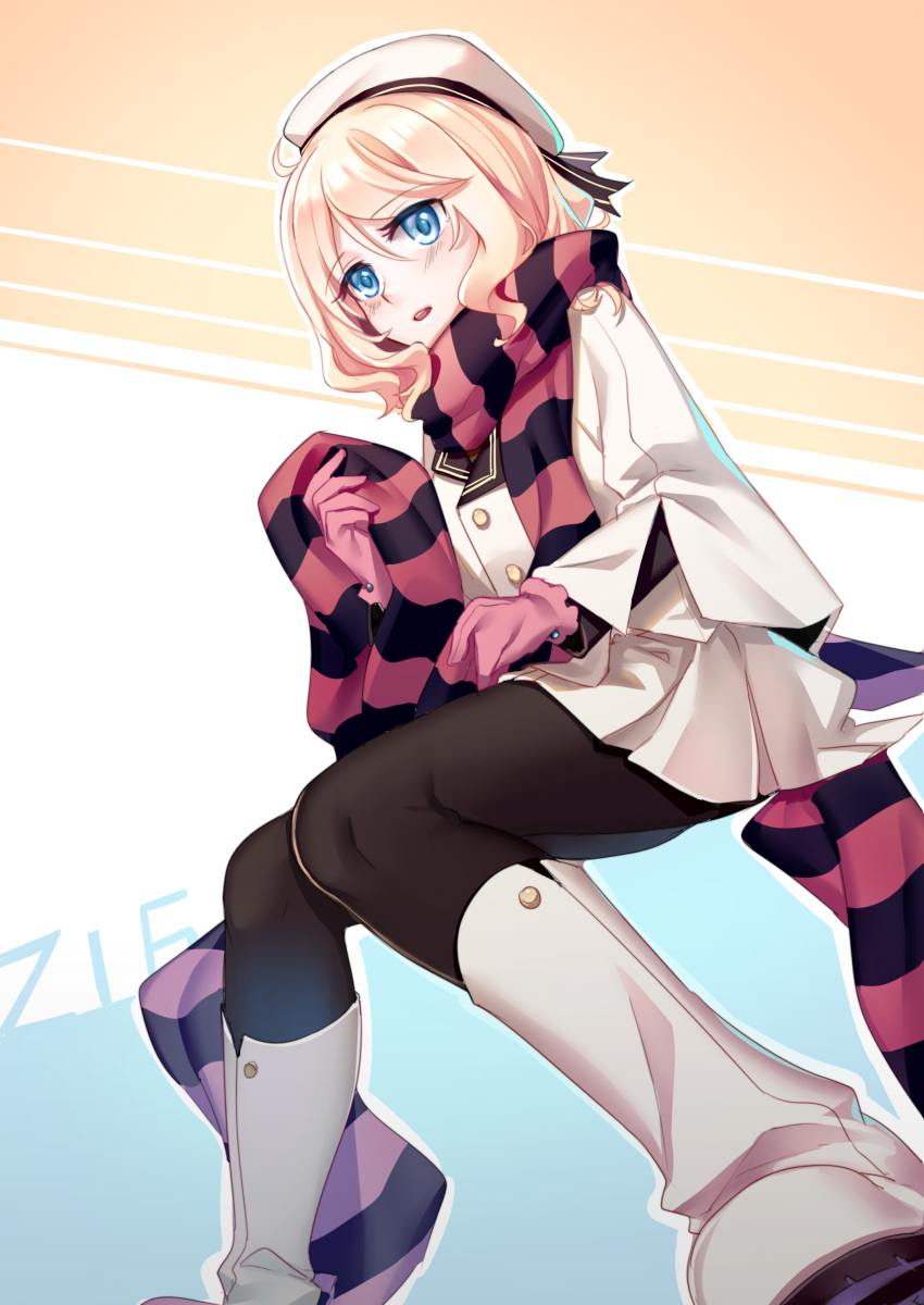 1girl, absurdres, aer_(tengqiu), black_legwear, blonde_hair, blue_eyes, blush, boots