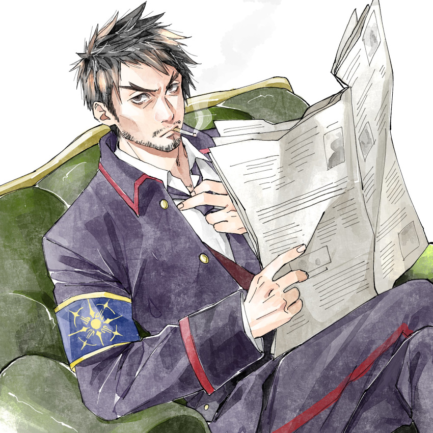 1boy, adjusting_neckwear, armband, beard, black_hair, chair, cigarette, crossed_legs