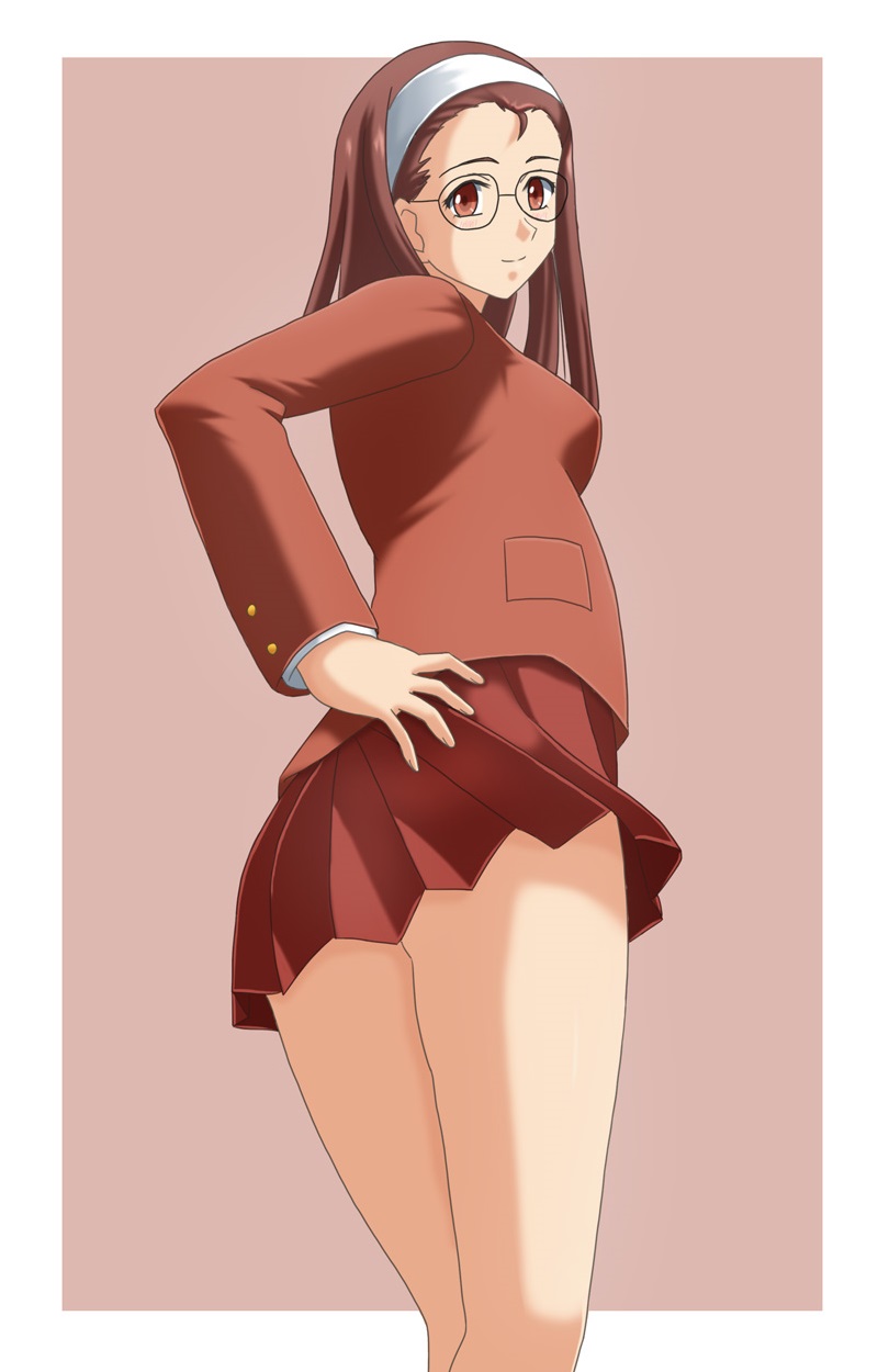 1girl, brown_eyes, brown_hair, brown_skirt, hand_on_hip, headband, highres, hosaka_miyuki, long_hair, long_sleeves, looking_at_viewer, looking_back, pink_background, school_uniform, sentihistory, sentimental_graffiti, simple_background, skirt, solo, standing, white_headband