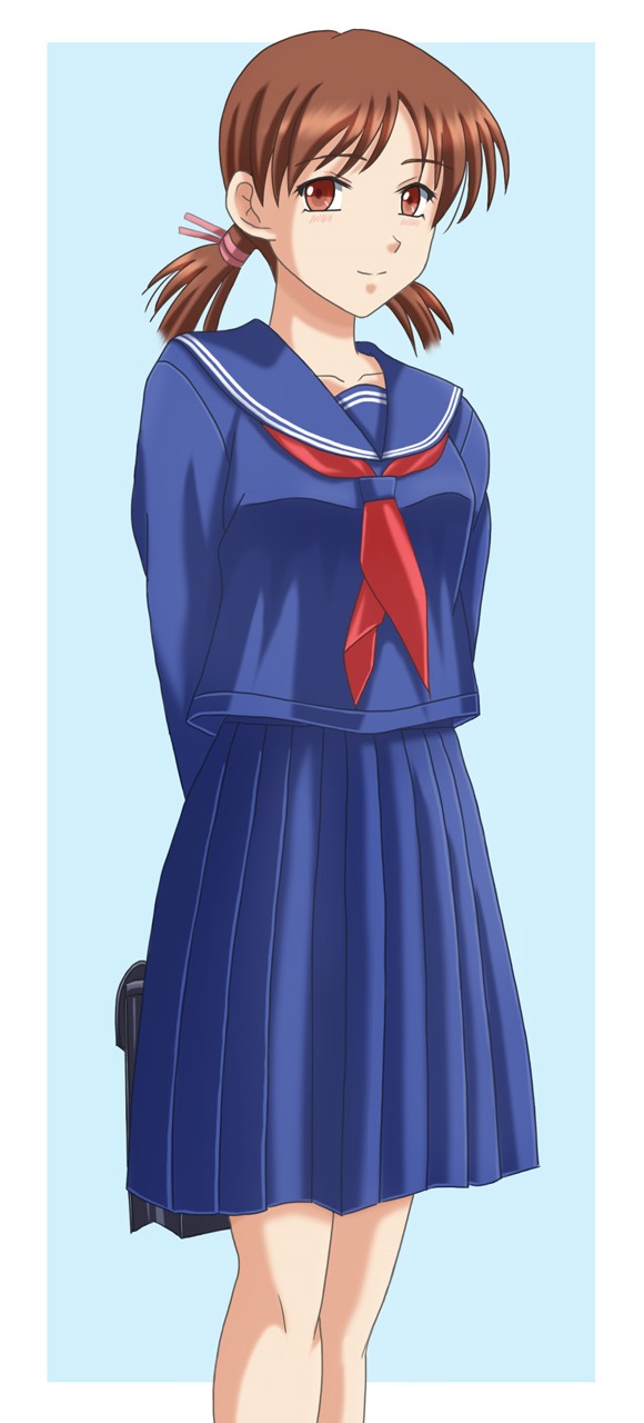 1girl, adachi_taeko, arms_behind_back, bag, blue_background, blue_shirt, blue_skirt, bookbag, brown_eyes, brown_hair, highres, long_sleeves, looking_at_viewer, ribbon, school_uniform, sentihistory, sentimental_graffiti, serafuku, shirt, short_hair, short_twintails, simple_background, skirt, solo, twintails
