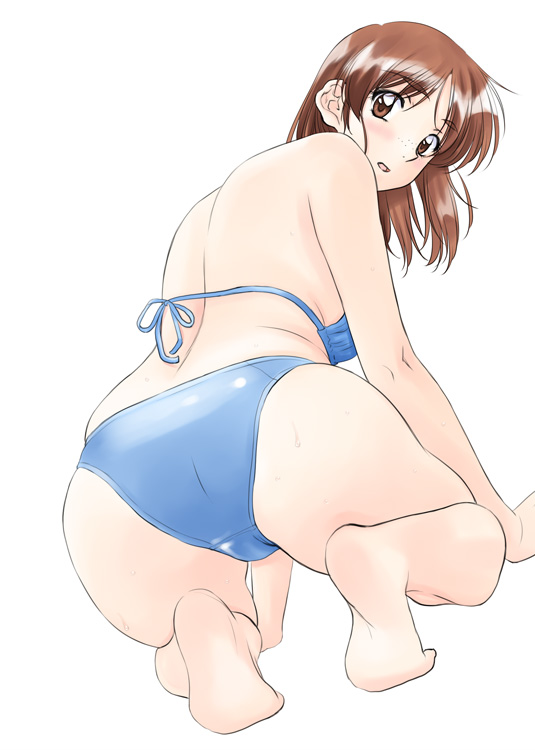 1girl, adachi_taeko, ass, barefoot, bikini, blue_bikini, blush, brown_hair