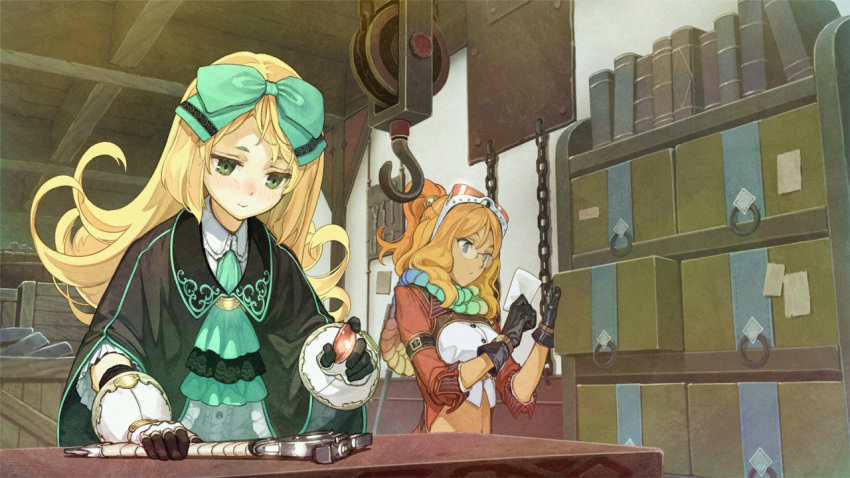 2girls, atelier_(series), atelier_shallie, bespectacled, black_capelet, black_gloves, blonde_hair, blush, book, bow, box, capelet, closed_mouth, cravat, desk, flipped_hair, gem, glasses, gloves, goggles, goggles_on_head, green_bow, green_eyes, green_neckwear, hair_bow, half_updo, hidari_(left_side), indoors, jurie_crotze, long_hair, miruca_crotze, multicolored, multicolored_clothes, multicolored_scarf, multiple_girls, official_art, orange_hair, ponytail, scarf, shirt, short_hair, shrug_(clothing), siblings, sisters, smile, tan, upper_body, white_gloves, white_shirt