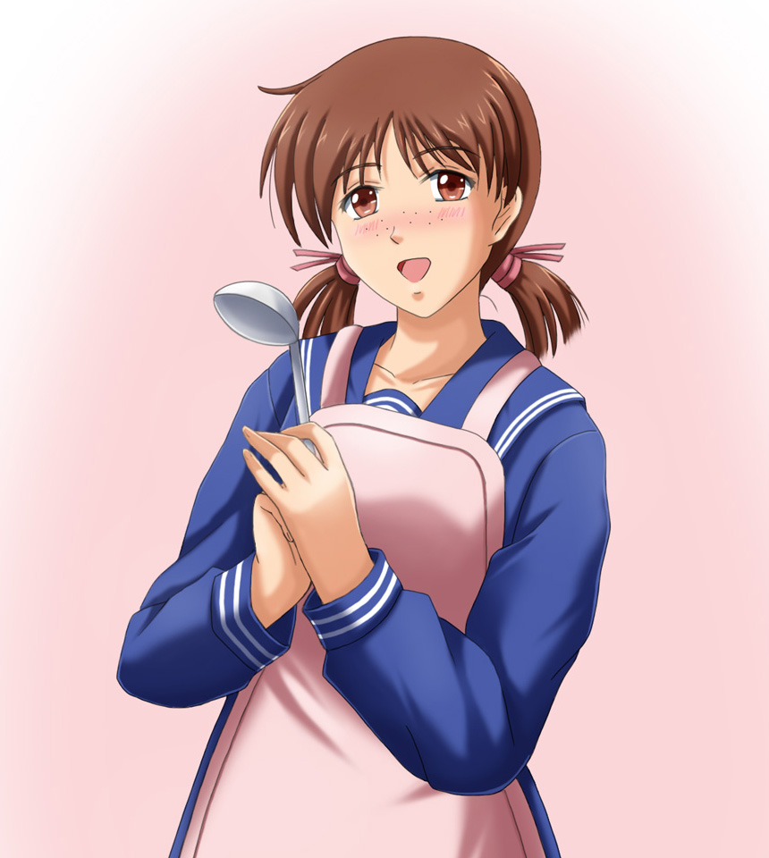 1girl, :d, adachi_taeko, apron, blue_shirt, blush, brown_eyes, brown_hair