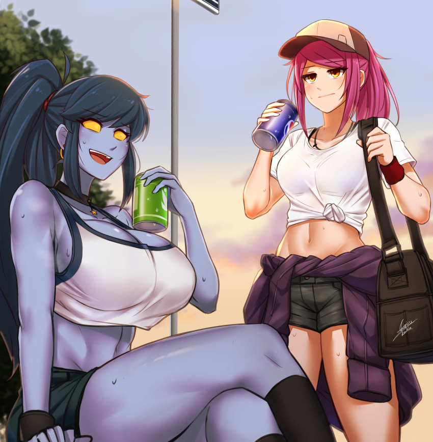 2girls, :d, :|, absurdres, airisubaka, artist_name, bag, bare_shoulders