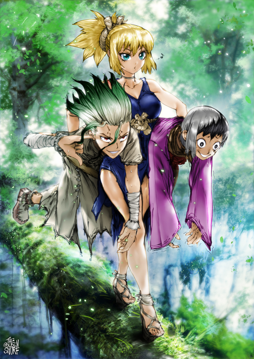 1girl, 2boys, aqua_eyes, asagiri_gen, bare_legs, black_hair, blue_dress, breasts