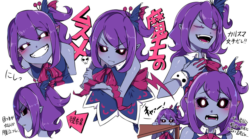 black_sclera, blush, bow, demon_girl, dress, geroro44, hiding, highres
