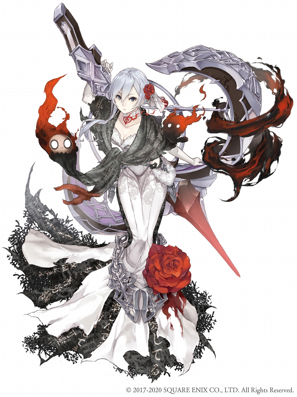 1girl, asymmetrical_bangs, bangs, blood, bloody_clothes, bow_(weapon), crossbow, dress