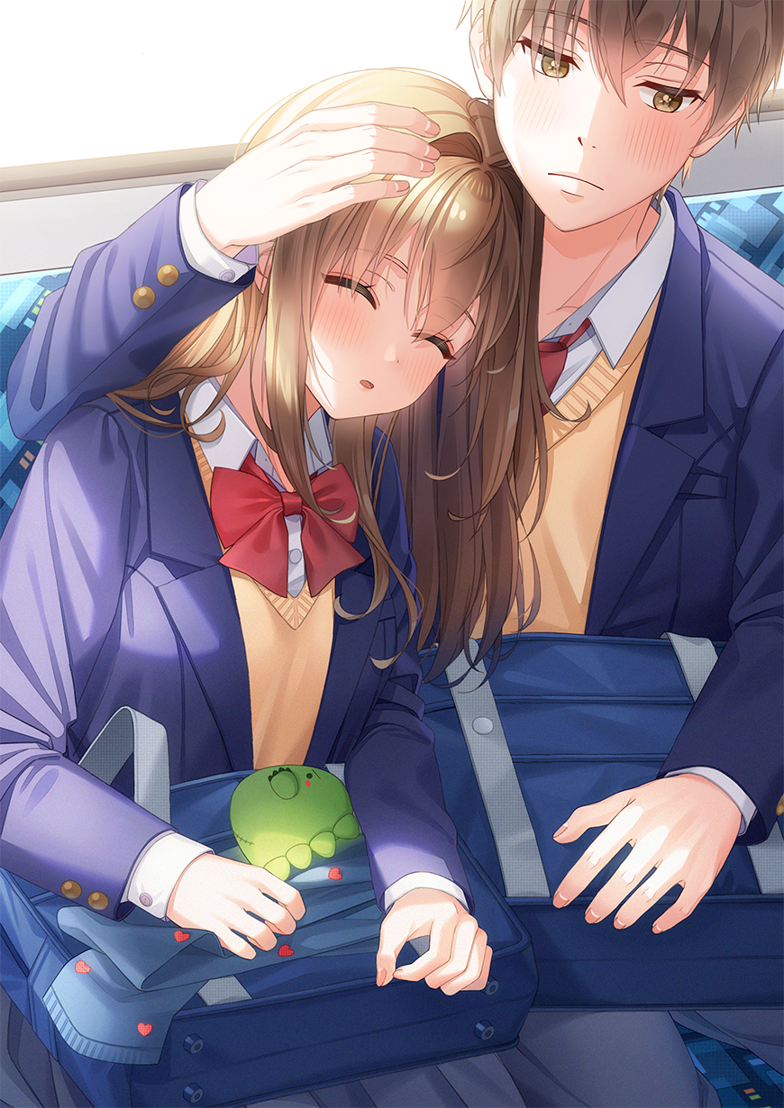 1boy, 1girl, ahoge, bag, bangs, blue_jacket, blush, bow