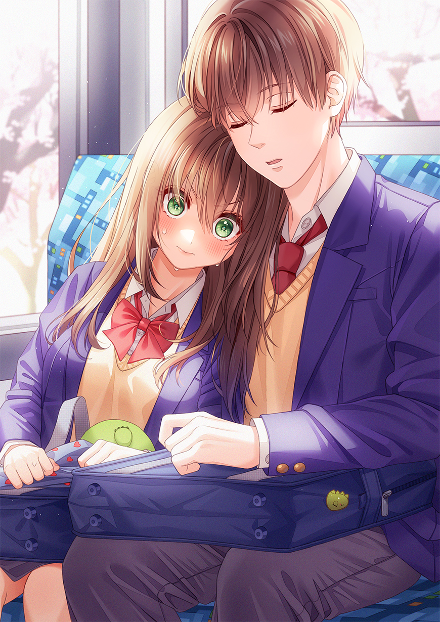 1boy, 1girl, bag, bangs, blue_jacket, blush, bow, bowtie
