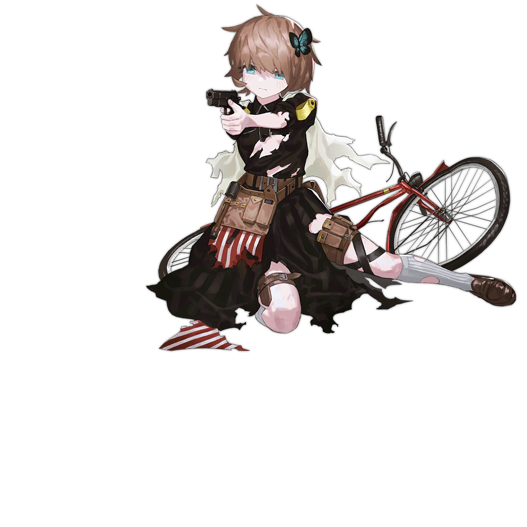 1girl, aiming, aiming_at_viewer, bangs, belt, belt_buckle, bicycle, black_dress