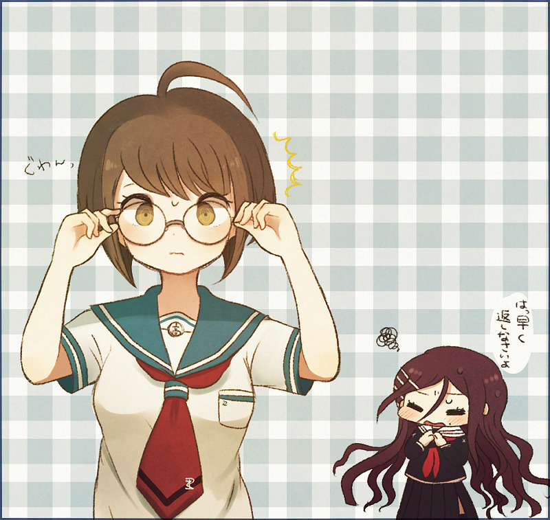 2girls, ahoge, ayu_(mog), bespectacled, blush, borrowed_garments, brown_eyes, brown_hair