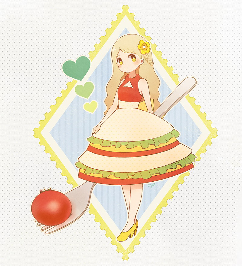 1girl, ayu_(mog), bare_shoulders, blonde_hair, braid, cherry_tomato, cleavage_cutout, closed_mouth