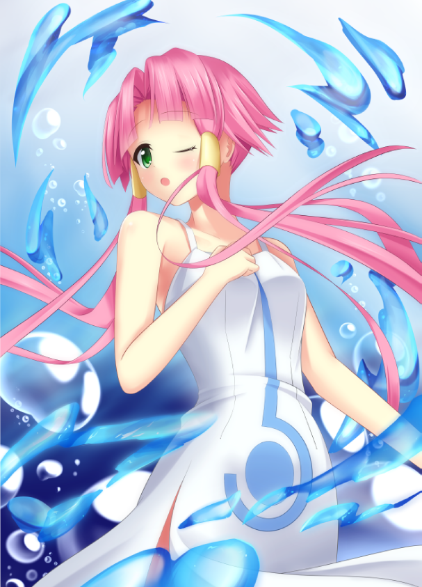 1girl, ;o, aria, aria_company_uniform, bananatsukis, bangs, bare_arms, bare_shoulders
