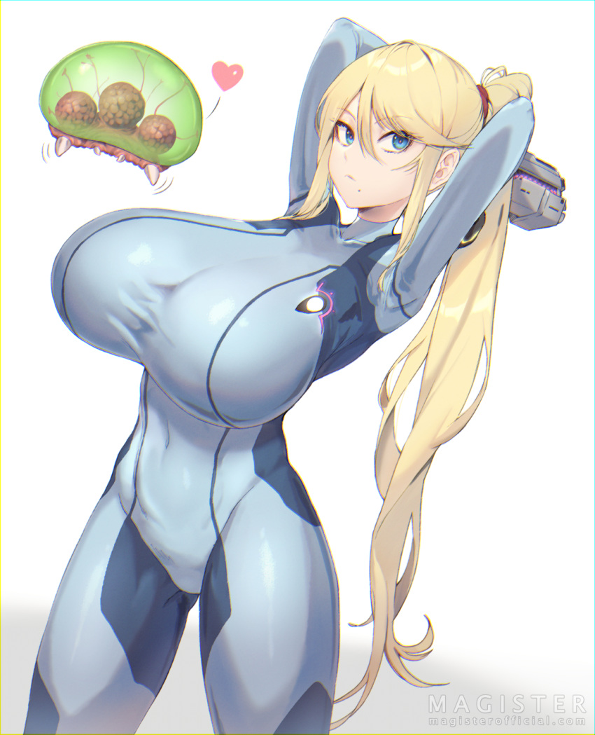 1girl, alternate_breast_size, arms_behind_head, arms_up, artist_name, blonde_hair, blue_bodysuit, blue_eyes, bodysuit, breasts, commentary_request, covered_navel, gun, handgun, heart, highres, huge_breasts, long_hair, magister_(medical_whiskey), metroid, metroid_(creature), mole, mole_under_mouth, original, ponytail, samus_aran, signature, simple_background, solo, spoken_heart, thighs, very_long_hair, weapon, white_background, zero_suit