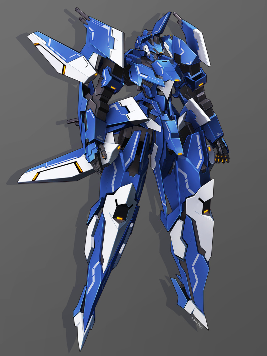 grey_background, highres, horn, joints, mecha, mechanical_ears, no_eyes, no_humans, open_hands, original, robot, robot_joints, solo, standing, yugo_ama_toki