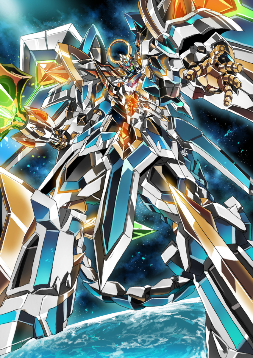 garimpeiro, granteed_dracodeus, highres, holding, holding_sword, holding_weapon, looking_down, mecha, mechanical_wings, no_humans, open_hand, red_eyes, robot, space, super_robot, super_robot_wars, super_robot_wars_judgement, super_robot_wars_og_moon_dwellers, sword, weapon, wings